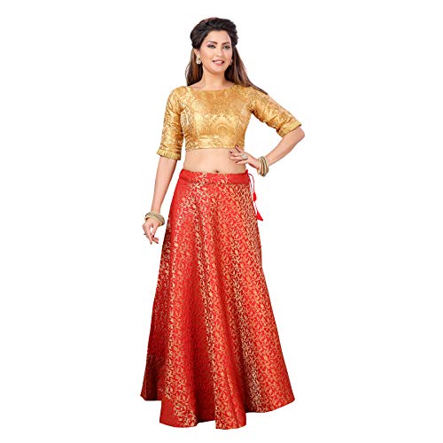 Image of Studio Shringaar Women's Polyester Maxi Benaras Brocade Readymade Long Skirt Lehenga Ghagra