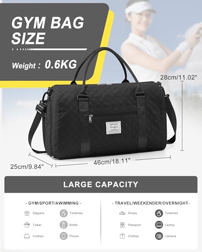 Image of Gym Duffle Bag for Women with Shoe Compartment Waterproof Travel Tote Bags Personal Item Carry On Weekender Overnight Bags with Toiletry Bag Swimming Yoga Bags Hospital Holdalls Black