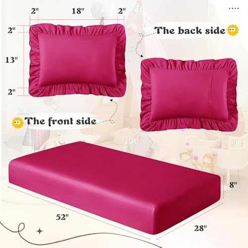Image of KKJIAF 3 Piece Toddler Sheet Set Microfiber, Includes a Flat Sheet, a Fitted Sheet and a Ruffle Pillowcase, Hot Pink