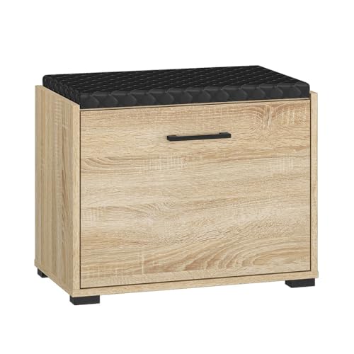 Lomadox Schuhbank Flurbank Garderobenbank Bank Garderobe gepolstert in Eiche hell Sitzpolster schwarz gesteppt 59,8x47,9x33,6 cm