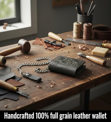 Image of F&L CLASSIC RFID Blocking Men's Tri-fold Vintage Biker Cowhide Leather Steel Chain Wallet,Snap closure, black, skull flag,315-203