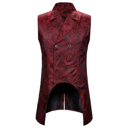 Mens Gothic Steampunk Double Breasted Vest Sleeveless Paisley Tailcoat Vest Waistcoat Jacquard Brocade Suit Vest (Medium,Red)2
