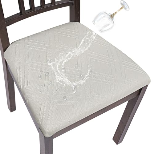 Image of SearchI Water Repellent Seat Covers for Dining Chairs, 4 Pack Jacquard Stretch Dining Room Chair Seat Covers, Kitchen Chair Seat Covers Protectors(Beige Diamond)