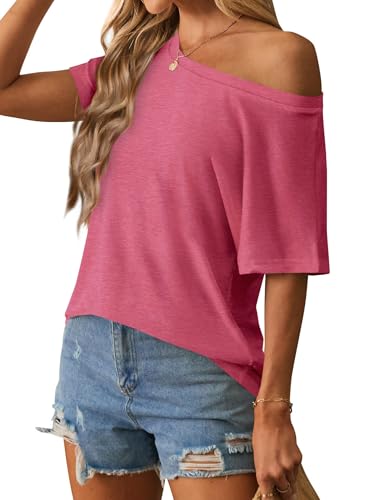 Image of Hilinker Womens Sexy Off The Shoulder Tops Short Batwing Sleeve T Shirt Oversized Casual Tee Heather Pink Medium