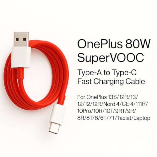 Image of 80W USB-Type A to C SuperVOOC Charging Cord Compatible with OnePlus 15 /15R /13 /13R /13S /12 /12R /11 /11R / 6 /9 /9R /8 /8T /Nord 5 /4 /3 /2 /CE4 /CE6 /CE5 Lite /3 /2 /Pad 4 /4 Folio /3 /2 / 80watt VOOC /Dart /Wire,Red