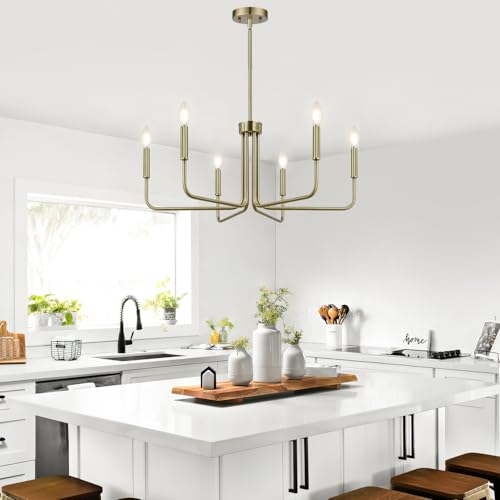 Lynnoland Brass Chandelier, 6-Light Farmhouse Chandeliers for Dining Room Lighting Fixtures Hanging, Vintage Candle Pendant Light Light Fixture for Bedroom, Kitchen, Foyer and Living Room