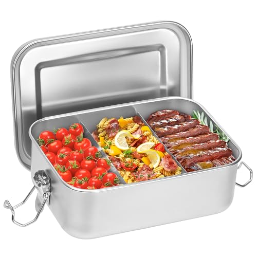 Lunchbox aus Edelstahl, Lunchbox mit Fach, 850 ml Lunchbox, brotdose kinder mit fächern, auslaufsicher mit Dichtungsring, BPA-frei, geeignet für Erwachsene und Kinder, Snackbox