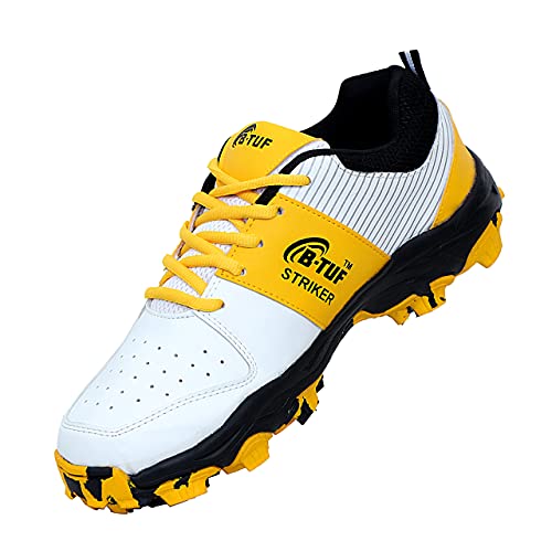 Image of B-TUF Striker Cricket Shoes /Studs Spikes Sports for Men Boys Unisex Kids|Lightweight and Durable | Stylish Sports Shoes | (White /Black /Yellow)