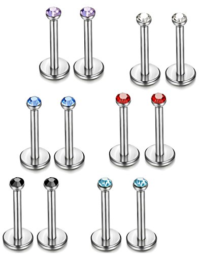 ORAZIO 6 Pairs 18G 6-8MM Stainless Steel Ear Studs Lip Ring for Men and Women Nose Piercing CZ Inlaid