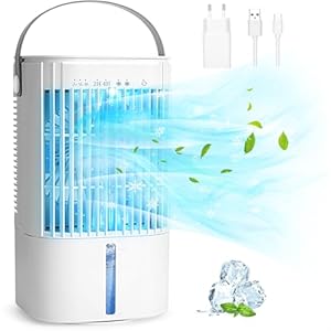 Aire Acondicionado Portatil, Enfriador de Aire de 900 ml, 5 en 1 Mini Aire Acondicionado,90° Oscilación, 3 Velocidades de Ventilador, 2 Modos de Pulverización, Luz LED, Con Asa, Hogary, Oficinas