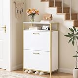 VECELO Shoe Storage Cabinet with 2 Flip Drawers for Entryway, Modern Slim Hidden Freestanding Organizer with Metal Legs for Hallway, Living Room, Large Capacity, Suit for Size to 11, White