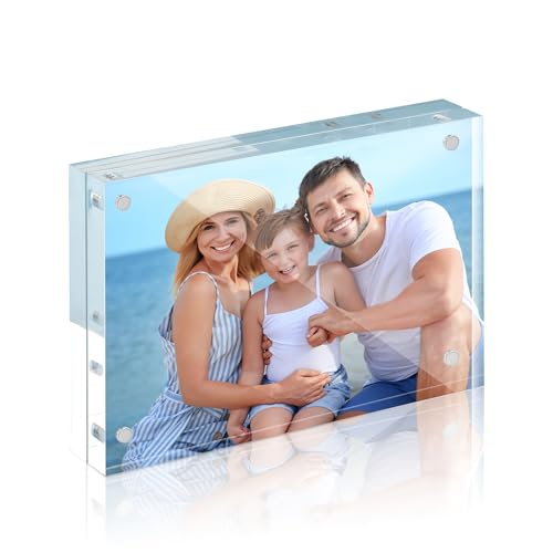 Image of HOUSE DAY Acrylic Picture Frames 5x7, 1 Pack Magnetic 5x7 Picture Frame, Double Sided Clear 5 x 7 Photo Frame with Microfiber Cloth, Frameless FreeStanding 5x7 Frame Gift for Desktop Display