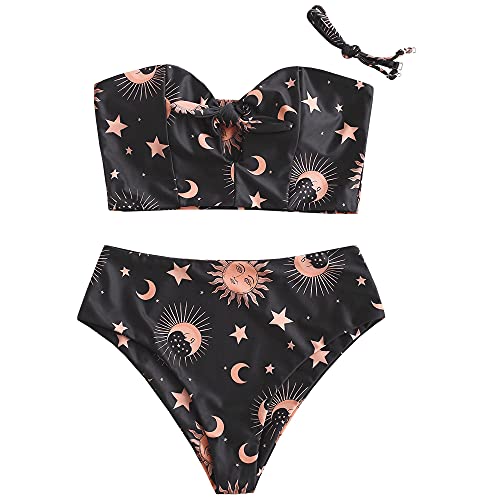 Zaful Women's Knot Sunflower Sun Stars Moon Tankini Bikini With High Waisted Bathing Suits(Sun Black S) #TOP17