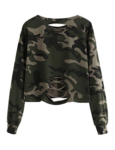SweatyRocks Women's Tshirt Camo Print Distressed Crop T-Shirt Long Sleeve Tops Camo #1 M