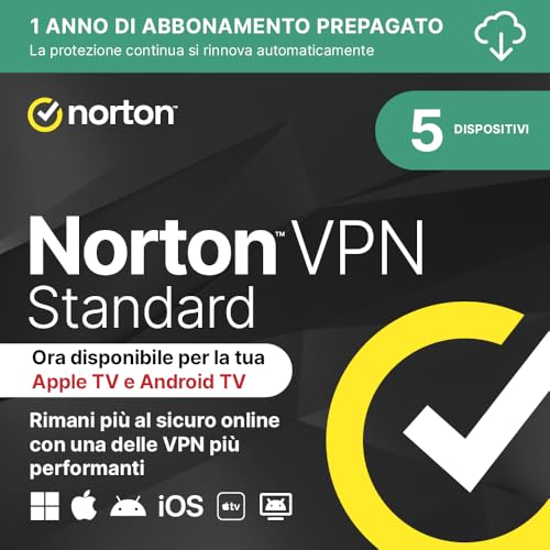 Norton VPN Standard 2026 | 5 Dispositivi| Licenza 1 anno rinnovo automatico | Codice d'attivazione via email