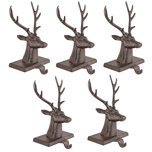 Image of Dibor Set of 5 Stocking Holders Cast Iron Reindeer Christmas Stocking Holder Hanging Hooks - 1.5kg Recycled Metal Xmas Stocking Holder
