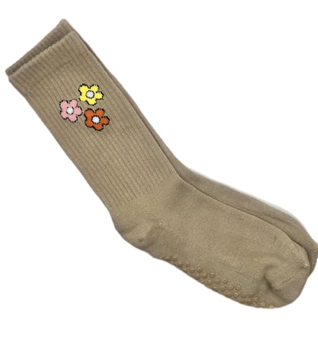 Image of Grip Socks for Yoga and Pilates, Crew length Cute Tan Daisy Design, Anti-slip Safety Socks for Pilates and Yoga. Studio quality