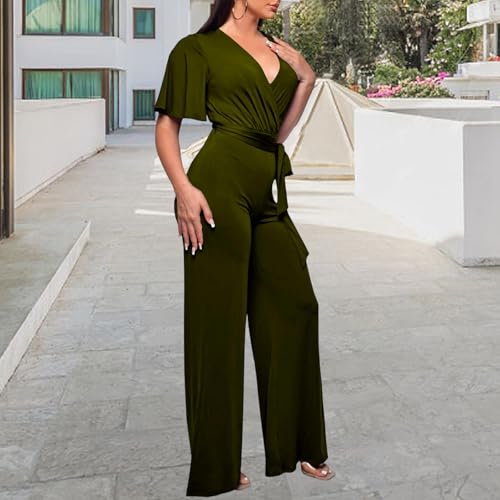 Image of PaladMom Womens Elegant Plus Size Jumpsuits Sexy Back zipper Short Sleeve Mid Waist Wide Leg Straight Rompers
