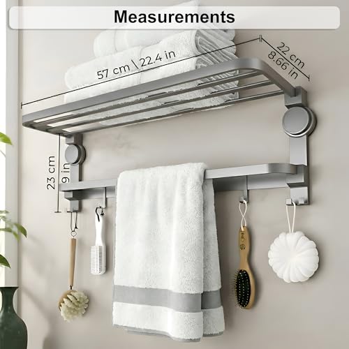 Image of Story@Home 24 Inches Premium Aluminium Finish Folding Towel Holder Rack for Bathroom, Rod with Hooks | Rack for Bathroom, Suction Towel Rack | Folding Towel Rack Floating No Drill Shelf - Grey