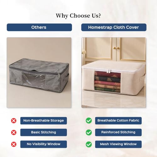 Image of Homestrap Cotton Clothes Storage Covers Pack of 3 | Breathable 100% Cotton Storage Bags with Mesh Window | Reusable & Dust-Proof Wardrobe Organizer for Sarees, Lehengas, Suits, Kurtis & Ethnic Wear
