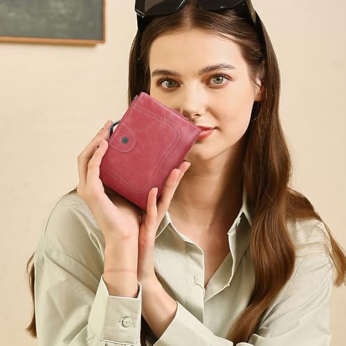 CONTACTS Full Grain Leather Kiss Lock Wallet for Women Kiss Clasp Coin Purse Vintage Small Bifold Wallet with Rfid Blocking (Rose Pink)2