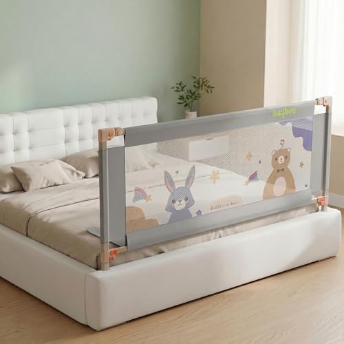 Image of BAYBEE Baby Bed Rail Guard (150x80cm), Bedrail for Baby Safety with 28 Height Adjustable, Portable Bed Side Protector for Babies Falling | Foldable Single Bed Railing for Babies Toddler (Light Grey)