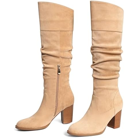 MeiLuSi Womens Knee High Boots, Fall Boots for Women 2024, Slouchy Suede Boots Chunky Heel Wide Calf Tall Boots Zipper Size 9 Aprocot Cover