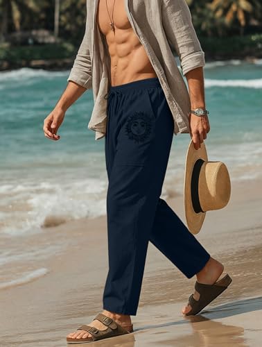 Image of Puimentiua Cotton Linen Pants Men, Summer Beach Pants Loose Fit with Elastic Waist Drawstring