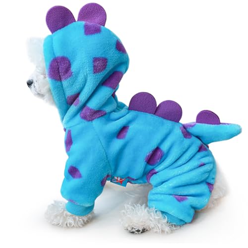Idepet Halloween Dog Costume Dinosaur Clothes for Small Dogs,Fleece Winter Puppy Hoodies with Leash Ring Pet Cold Weather Coat Funny Outfits Party Apparel for Halloween Christmas (Blue, Large)