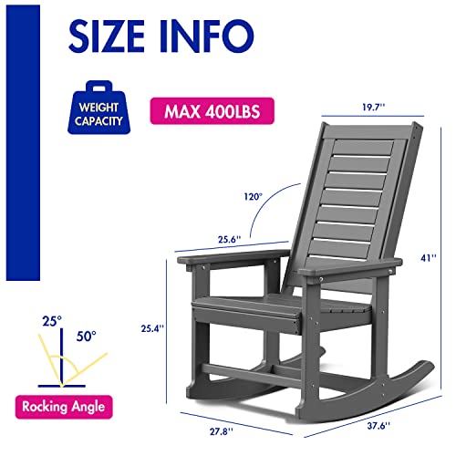 Briopaws Patio Rocking Chair, All-Weather Oversized Outdoor Rocker, Hdpe Plastic Rocking Chairs With High Back For Front Porch Outside Indoor Living Room Backyard Balcony, Grey #TOP2