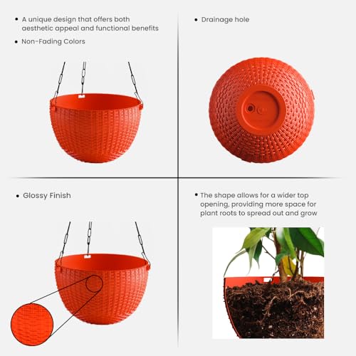 Image of YUCCABE ITALIA SHERA URO-Basket Plastic Flower Pot with Drainage Holes Round Planter Pot Suitable for Inddor Outdoor Kitchen (Red, 8 INCH - 6 Pcs)