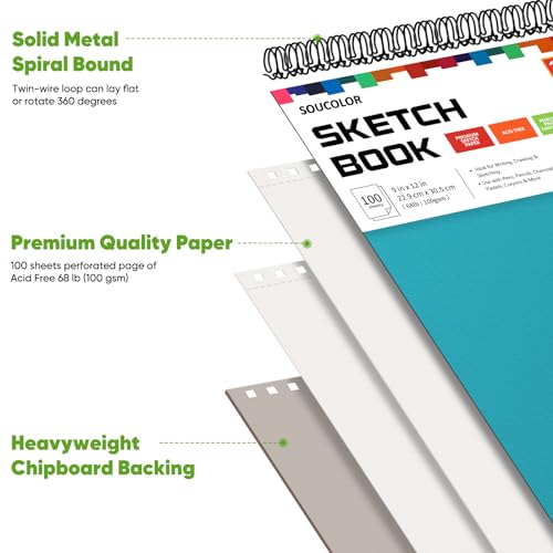 Soucolor School Supplies 9" x 12" Sketch Book for High College Teacher Student, 1-Pack 100 Sheets Spiral Bound Art Sketchbook, Acid Free... - Image 2