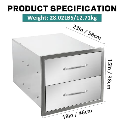 Image of Outdoor Kitchen Drawers 18 inch W x 15 inch H x 23 inch D Stainless Steel Drawer BBQ Double Drawers with Chrome Handle for Outdoor Kitchen Island, Patio Grill Station