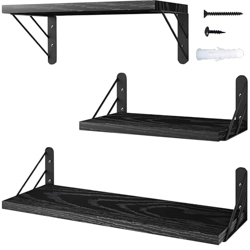 Mellbo ウォールシェルフ 壁掛け棚 ウォールラック 壁掛けラック 天然無垢材 スチール 大中小3種類の幅 奥行き15cm 3個セット ブラック