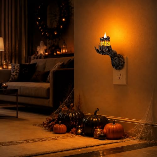 Image of Briignite Halloween Night Light, Gothic Hand Candle Night Light, Amber | Spooky night lights plug into wall with flickering flame, dimmable, 2 light modes /flame modes for Halloween decor and parties