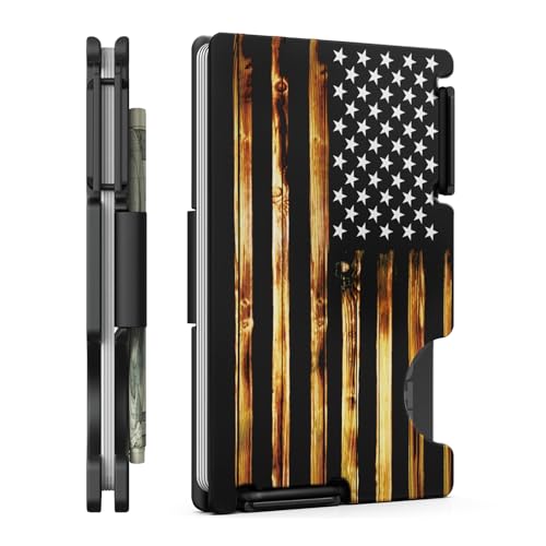 Minimalist Metal Wallet for Men, Ultra-Thin Aluminum Card Holder with Cash Strap, Personalized Wood American Flag, Slim Front Pocket RFID Blocking Wallet