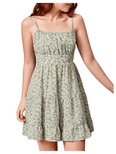 Girl's Summer Dress Floral Ruffle Hem Spaghetti Strap Ruched Bust Cami Short Dress Sundress