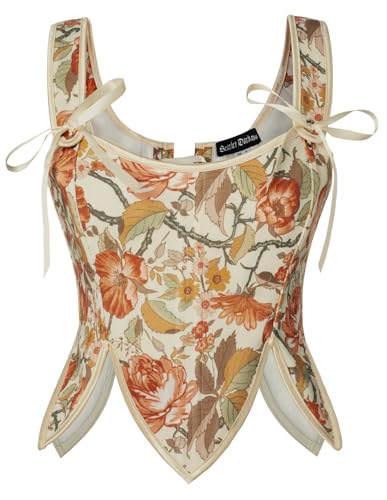 SCARLET DARKNESS Mittelalter Cottagecore Korsage für Kleid Damen Retro mit Schnürung Tachtenmieder Orange Blumen 40