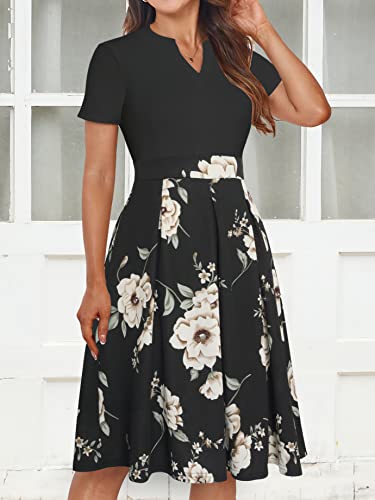 Image of YATHON Womens Elegant Print Notched Neck Slant Pocket Pleated Hem Casual A-Line Dress
