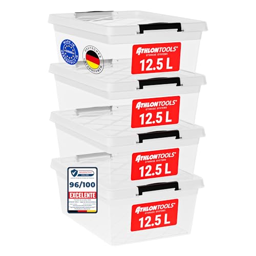 Athlon Tools 4 Cajas De Almacenamiento De 12.5 L Con Tapa, Aptas Para Alimentos, Clips De Cierre, Caja De Plástico 100 Transparente, Cajas De Ropa Apilables