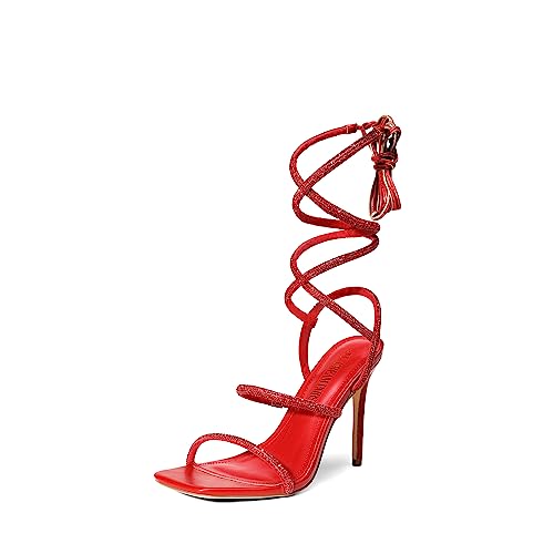 DREAM PAIRS High Heels Stilettos for Women - Strappy Gladiator Sexy Square Toe Open Toe Dressy Pumps Sandals 5.5 Red