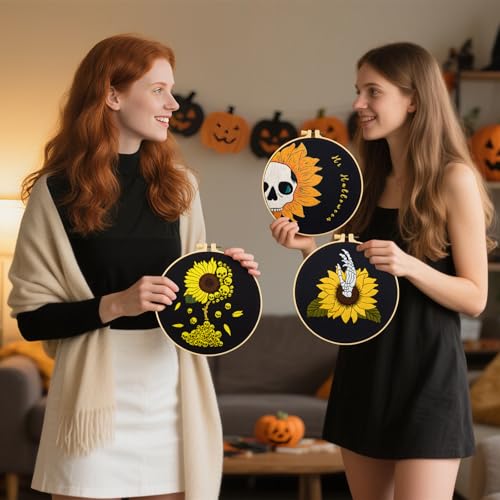 Image of Halloween Gothic Embroidery Kits for Beginners Adults, Skull Hand Embroidery Needlepoint Kits, Sunflower Stamped Cross Stitch Kits for Beginners Adult, 3 Set Embroidery Hoops (Attached Video Tutorial)