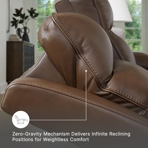Image of Ashley VonRyan Power Reclining Loveseat with Console, Top Grain Leather Seating, Fully Assembled, Ideal for Living Room, Tobacco Brown, 81 inch W
