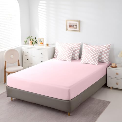 Image of Erosebridal White Pink Plaid King Comforter Set with Sheets 7 Piece Light Pink Checkerboard Bedding Set for Kids Girls Teen,Checkered Grid Bed in A Bag Modern Aesthetic Geometric Bed Set