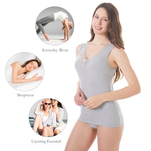 Image of Womens Tank Top Camisoles with Premium Cotton Italian Design - Trimmed with Flower Lace on Neckline
