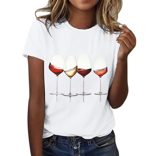 Generisch 2024 Modisches T-Shirt für Damen, Weinglas-Druck, kurzärmelig, Rundhalsausschnitt, modisches Oberteil, leicht, weich, lässige Sommerkleidung, Schicht-T-Shirt für Damen, weiß, M