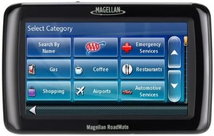 Magellan RoadMate 2055T-LM screen showing the 'Select Category' menu for Points of Interest, with options like Search By Name, AAA, Emergency Services, Gas, Coffee, Restaurants, Shopping, Airports, and Automotive Services.