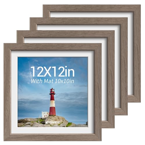 TENIBYC 12x12 picture frame 4 Pack, 10x10 Mat, Walnut Wood, Glass