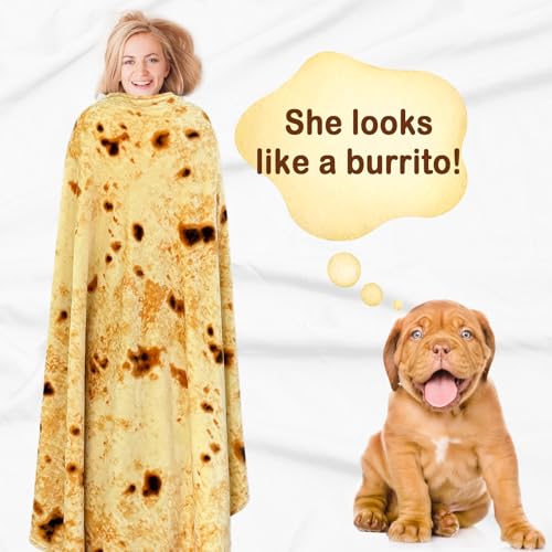 Image of Bnuitland 80 Inches Tortilla Burritos Pattern Blanket for Bed Sofa, 300 GSM Double Sided Funny Giant Flour Novelty Realistic Taco Food Blanket, Super Soft Flannel for Your Family