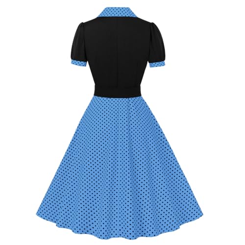 Image of ODIZLI Women's 1950s Retro Dress Short Sleeve Notched Lapel Polka Dot Stripe Swing Dress with Belt Cocktail Dress